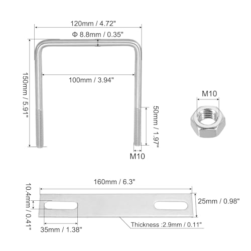 Image of PATIKIL M10x100x150mm Square U-Bolts Kit, 2Set 304 Stainless Steel Square U Shaped Bolts Replacement Parts with Frame Plates and Nuts for Ski Board Sailboat Trailer