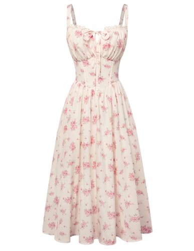 Women Floral Corset Dress Summer Milkmaid Sundress White Pink Floral L