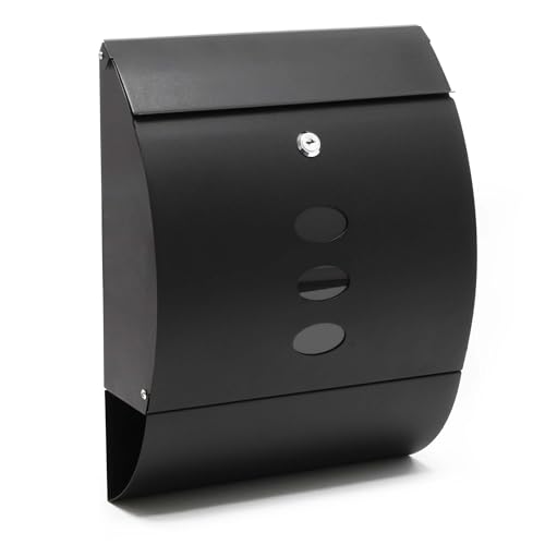 Wiltec Boîte aux lettres murale ou sur pied design & Porte-journaux V18, Verrouillable, Noire, Acier galvanisé, 320 x 400 x 120 mm, avec Fenêtres