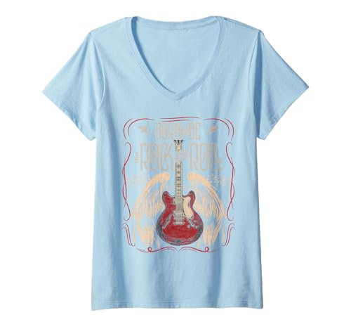 Femme Vintage Retro Style 80s Guitar with Wings Rock and Roll T-Shirt avec Col en V