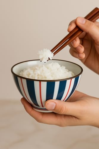 Image of YELONA Japanese Style Ceramic Bowls - 4.8 Inch (300ml), Set of 2 - Striped Design Rice /Noodle Bowls - Microwave & Dishwasher Safe, Ideal for Gifting Choice