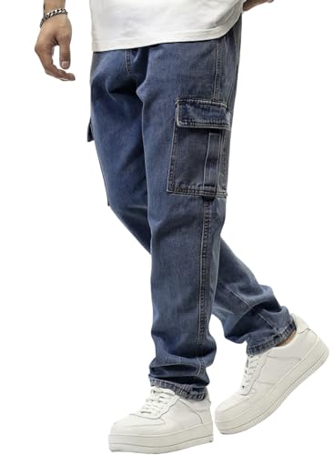 Image of JMIERR Men's Elastic Waist Cargo Jeans Stretch Denim Pants with Drawstring Relaxed Fit for Casual Daily Wear