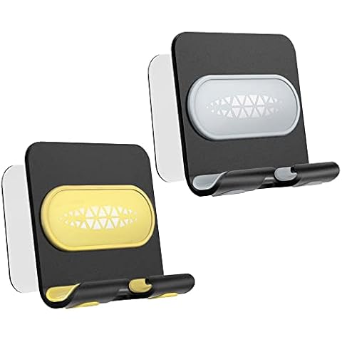 2Pcs Wall Mount Phone Holder,Phone Wall Bracket with Adhesive Strip,NO Drilling Mobile Phone Stand for Bathroom, Bedroom, Kitchen, Office, Compatible with All Phones and Mini Tablet (Grey + Yellow) Cover