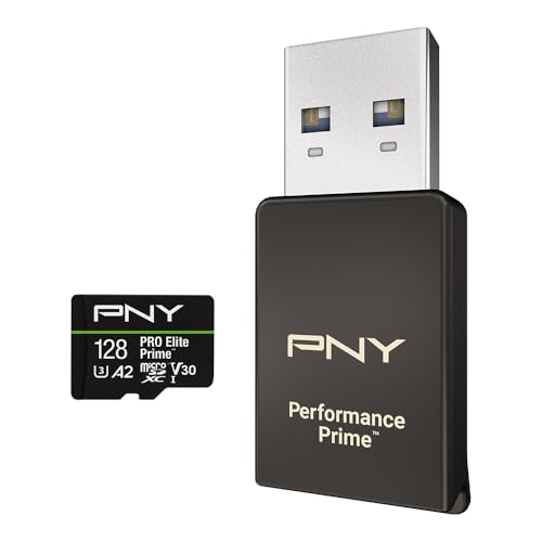 PNY Kit microSDXC/Lecteur microSD/Adaptateur SD, Carte microSDXC 128GB Pro Elite Prime Class 10 U3 V30 A2, jusqu'à 200MB/s, 4K UHD