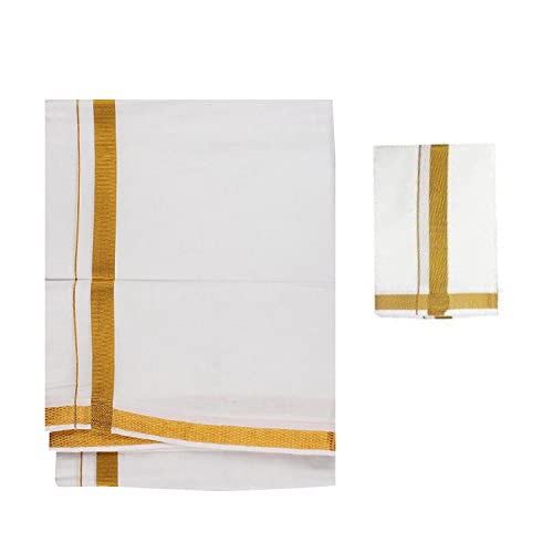 Cotton with Gold Zari Border Double Layer Dhotis with Angavastram for Men | Solid White with Gold Zari Border Dhoti | Cotton Dhoti 8 x 4