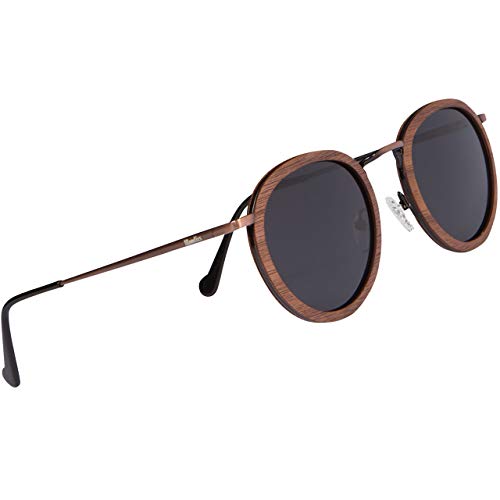 WOODIES Polarized Walnut Wood Copper Round Sunglasses for Men and Women | Black Polarized Lenses and Real Wooden Frame | 100% UVA/UVB Ray Protection