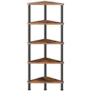 HOOBRO Corner Shelf Stand, Industrial 5-Tier Corner Bookshelf with Metal Frame, Plant Display Shelf, Small Bookcase for Small Spaces, Bedroom, Living Room, Rustic Brown BF33CJ01