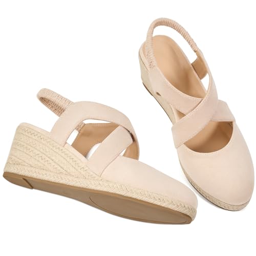 Image of HARENCE Espadrilles Wedge Sandals for Women: Comfortable Closed Toe Ankle Strap Elastic Shoes Summer Dressy Platform Heels