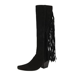Tkukkwr Schoenen Cowboy Laarzen voor Vrouwen Dames Eenvoudige Mode Vierkante Hak Vierkante Teen Effen Kleur Terug Franje Retro Mid Hoge Laarzen Cowboy Laarzen