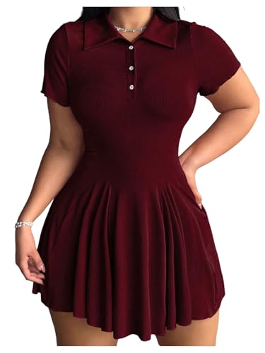 Image of RoseSeek Women's Plus Size Ribbed Knit Golf Dress Button Front Short Sleeve A Line Collared Shirt Dresses