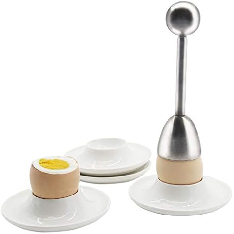 Egg Cup for Soft Boiled Eggs, Kitchenexus Egg Cups & Cracker Topper Set, 4pcs Set Ceramic Circle Egg Holder with Stainless Steel Egg Shell, Egg Stand Holders for kitchen Cover