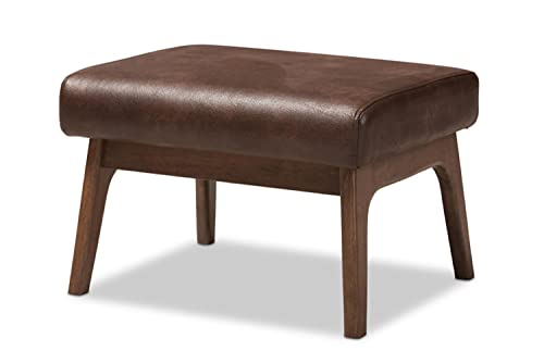 Baxton Studio Bianca Mid-Century Modern Walnut Wood Dark Brown Distressed Faux Leather Ottoman Mid-Century/Dark Brown/Walnut Brown/Faux Leather/Rubber Wood/