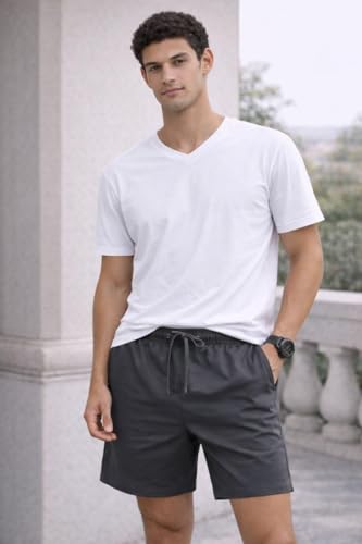 Image of Men's Solid Cotton Lounge Shorts | Premium Soft Breathable Casual Shorts with Elastic Drawstring Waist | Regular Fit Above Knee for Home, Gym & Travel