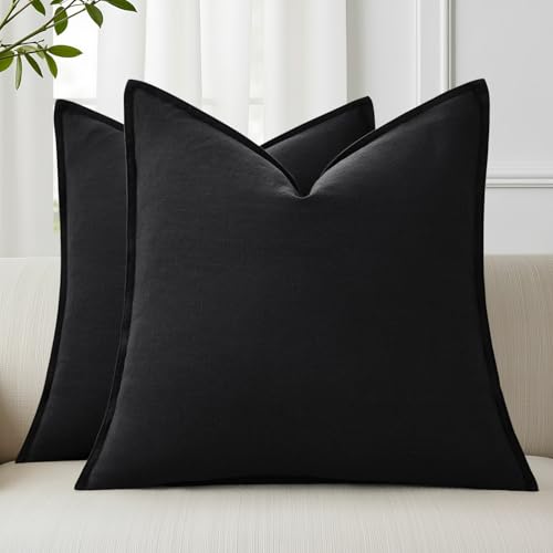 Image of decorUhome Decorative Linen Throw Pillow Covers 20x20 Inch Set of 2 Black Pillow Covers with Flange Edges Soft Farmhouse Boho Accent Pillow Cases for Couch Bed Living Room