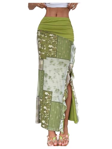 Milumia Women's Floral Patchwork Long Skirt Asymmetrical High Slit Ruffle Hem Bodycon Skirts