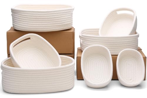 Image of HLWDFLZ 7 Piece Cotton Rope Woven Basket Set - Small Basket for Baby Nursery, Pets, Montessori, Dog & Cat Toy Boxes, Bathroom Organization Bins (White)