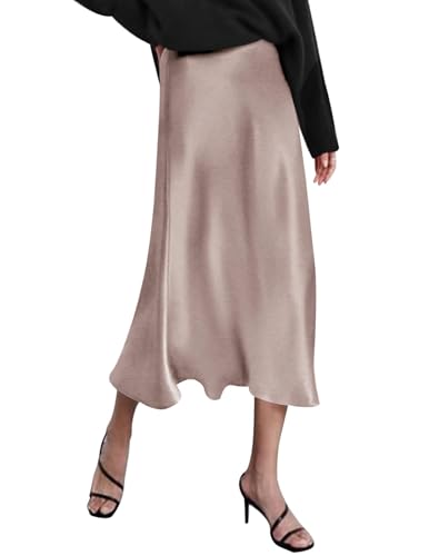 HOTOUCH Elegant Zipper Skirts Womens Casual Silk Midi Skirt Long Skirts for Women Silk Maxi Skirt High Waist Satin Skirt Cute Champagne Large
