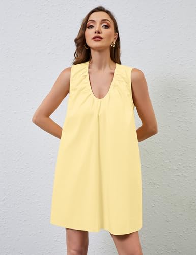 Image of MISSACTIVER Women's Sleeveless Babydoll Tank Mini Dress Scoop Neck Ruched Short Dress with Side Pockets Summer Party Dresses Yellow