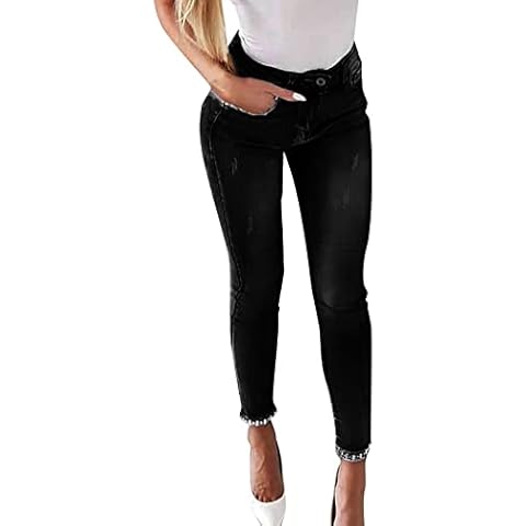 Ghemdilmn Women's Stretch Jeggings Women's Jeans Trousers with Stretch Slim Leggings with High Waist and Slim Pearl Decoration Black Long Vest, black, L Cover