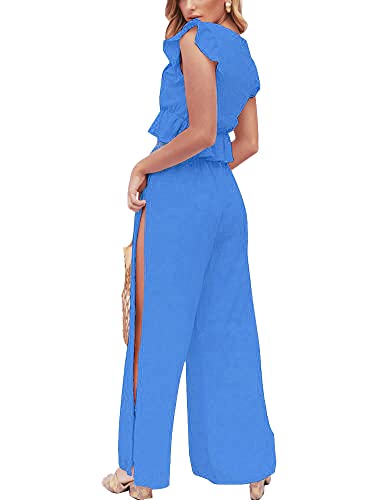 Fancyinn Womens 2 Pieces Outfits Deep V Neck Crop Top Side Slit Drawstring Wide Leg Pants Set Jumpsuits Sky Blue S #TOP3