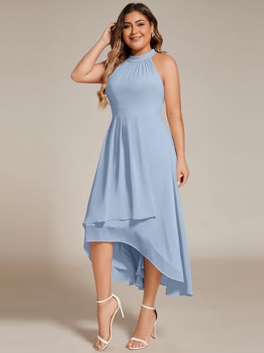 Image of Ever-Pretty Plus Women's Sleeveless Halter A Line Pleated High Low Plus Size Wedding Guest Cocktail Dresses 31926-DA