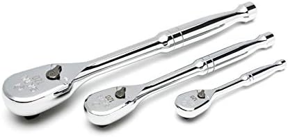SATA 3-Piece 1/4-Inch, 3/8-Inch and 1/2-Inch Drive 120P Professional Ratchet Set with On/Off Switch and Dual-Pawl 60-Tooth Teardrop Head, Heavy-Duty - ST13975