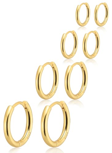 Gokeey Gold Earrings for Women Men, 14k Gold Plated Hypoallergenic Small Hoop Earrings Jewelry, Gold Huggie Hoops Earrings Set Lightweight Cartilage Earrings Gifts 4 Pair