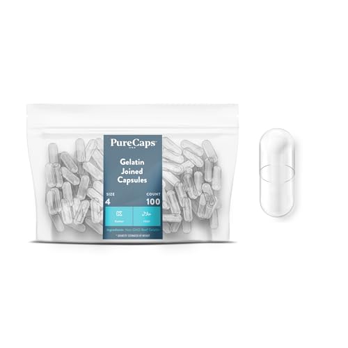 PureCaps USA - Empty Gelatin Capsules Size 4| 100 Joined Pills| Clear| Non-GMO Certified | SLS, Gluten, Preservative Free