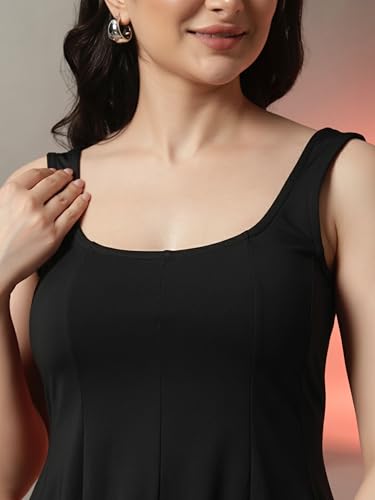 Image of Trend Arrest.ed Women's Polyester Sculpt Flare Top | Stretchable Sleeveless Fit & Flare Blouse with Scoop Back