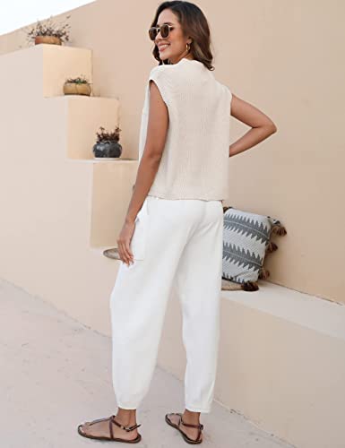 Ameliever Women's Two Piece Outfits Knitted Sweater Sets Solid Pullover And High Waist Pants Lounge Sets(White-L) #TOP5