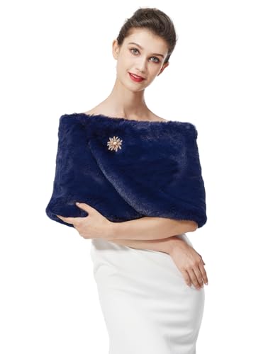 BEAUTELICATE Faux Fur Wrap Shawl Women’s Shrug Bridal Bridesmaid Stole for Winter Wedding Party Evening (One Size, Upgraded - Navy Blue)