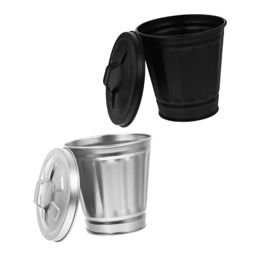 Bote de basura de escritorio negro mini con tapa de hierro 2pcs