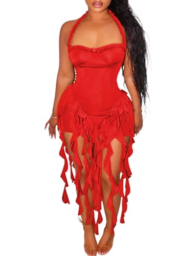 Ecirod Womens Summer Ruffle Fringe Mini Dress Sexy Halter Backless Cocktail Party Short Bodycon Tassel Dresses