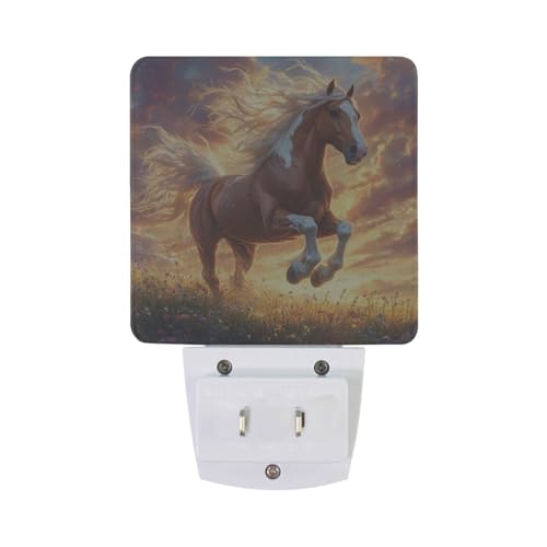 Image of Brown Horse Run Night Lights 2 Pack Plug-in Wall Led Nightlight Auto Dusk-to-Dawn Sensor Lamps for Bedroom Kitchen Bathroom