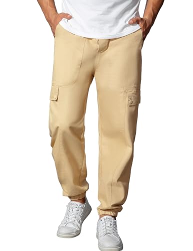 YYA Men's Streetwear Cargo Pants with Flap Pockets & Drawstring Elastic Waist Casual & Techwear Joggers Khaki L2