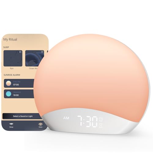 REACHER R7APP Smart Sunrise Alarm Clock with App Control, Custom Wake & Sleep Routines - Multi Sunrise Color, White Noise Sound Machine, Dimmable Display | Night Light, Screen-Free Sleep