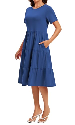 Image of Womens Summer Short Sleeve Crew Neck Midi Dress 2026 Casual Fit Flowy Tiered Beach Vacation Sundress with Pockets