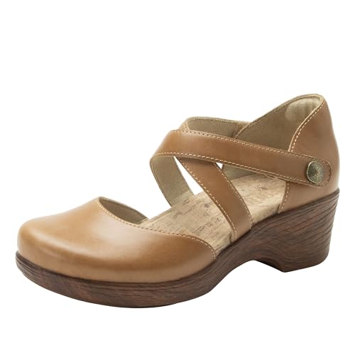 Image of Alegria Womens Savina Leather Wedge - Stylish and Versatile Mary Jane for Endless Support - Enhanced Arch Slip Resistant Platform Ankle Cross Strap Heel for Professionals