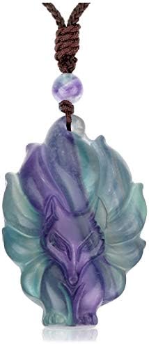 Jovivi Natural Fluorite Nine-Tailed Fox Crystal Necklace Healing Stones Gemstone Necklaces Pendant Protection Amulet Charm