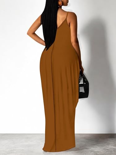 Image of Women Spaghetti Strap Maxi Dress with Pockets | Soft fabric relaxed fit sleeveless v neck with pockets for party and daily wear