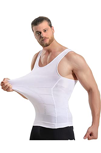 2X Compression Shirts For Men - Mens Slimming Body Shaper Vest - Tight Tank Top For Men - Compression Shirt Tank Top (White-White, L) #TOP6