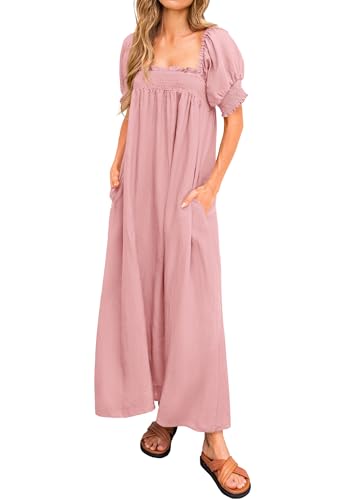 KIRUNDO Women Summer Maxi Dress Puff Sleeve Long Dresses(Bean Paste Pink,S)