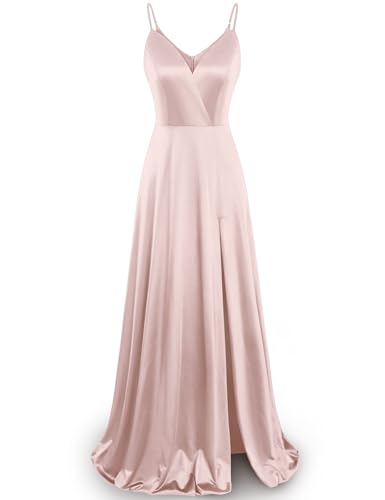 MUXXN Womens Fashion 1950s Wrap V Neck Loose Fit Mother of Bride Satin Long Dress Light Pink S