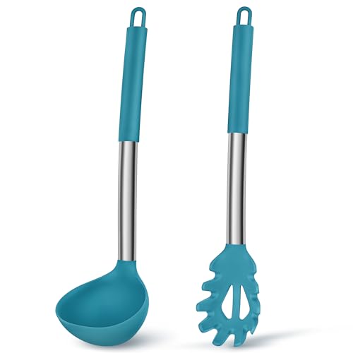Joyfair Suppenkelle und Spaghettilöffel Set, 2-teiliges Silikon Schöpfkelle und Nudellöffel mit Griff aus Edelstahl zum Kochen/Rühren/Servieren/Ablassen, Gesund & Antihaft, Spülmaschinenfest - Blau