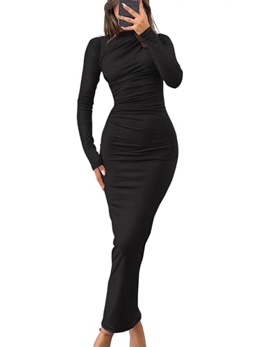 ZESICA Women's Fall 2025 Long Sleeve Bodycon Maxi Dresses Sexy Ruched Crew Neck Slim Fit Cocktail Party Dress