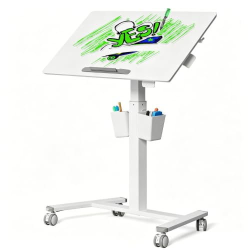 Image of 35 inch Glass Mobile Standing Desk with 90 Tilt, Rolling Whiteboard on Wheels | Height Adjustable Portable Drafting Table with Storage, Small Foldable Laptop Desk for School Home Office, White