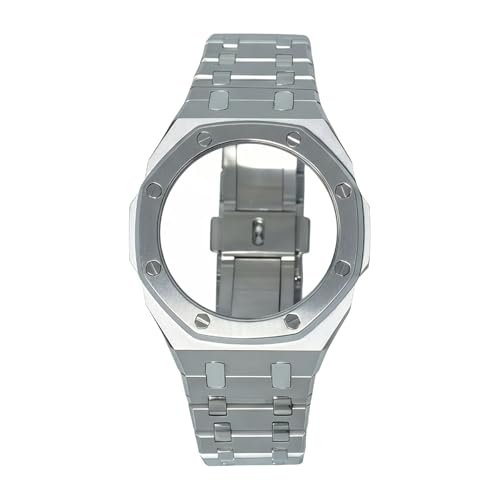 Image of GA2100 Stainless Steel Mod Kit, Metal Case Band Set with Polished & Brushed Finish Replacement Strap Compatible with Casio G-Shock GA2100/GA-2110 Watches, Silver, Adjustable strap, Modern