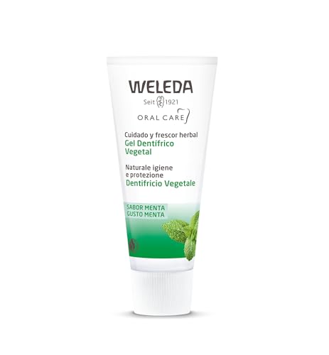 Weleda Dentifricio Vegetale, gel dentifricio al gusto fresco di menta piperita, senza fluoro, 100% biodegradabile, rimuove la placca delicatamente con particelle di silicio (1x75 ml)