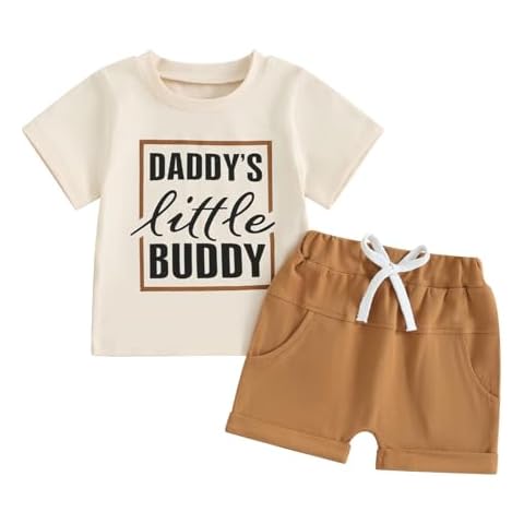 Engofs Toddler Baby Boy Summer Clothes Short Sleeve Letter Print T-Shirt Tops Checkerboard Shorts Set 2Pcs Casual Outfit Brown 12-18 Months Cover
