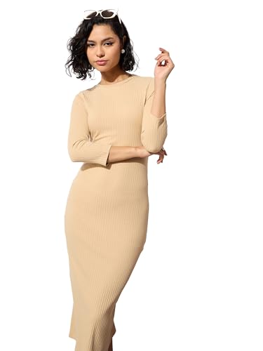 Image of barcino Black Rib Mock Round Neck Midi Dress